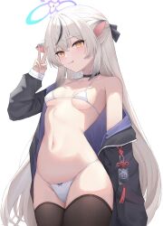Rule 34 | 1girl, :3, absurdres, animal ears, bikini, black bow, black choker, black jacket, black thighhighs, blue archive, bow, breasts, cameltoe, chinchilla ears, choker, closed mouth, dchiang, gradient hair, grey hair, hair bow, halo, highres, jacket, kokona (blue archive), looking at viewer, micro bikini, multicolored hair, navel, off shoulder, simple background, small breasts, smile, solo, standing, stomach, studded choker, swimsuit, thighhighs, tongue, tongue out, v, white background, white bikini, white hair, yellow eyes