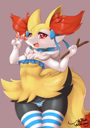 Rule 34 | 1girl, animal ears, braixen, breasts, cameltoe, cleft of venus, clothed pokemon, creatures (company), furry, game freak, gen 6 pokemon, highres, nintendo, panties, pokemon, pokemon (creature), red eyes, small breasts, striped clothes, striped legwear, striped panties, tagme, tail, thick thighs, thighs, underwear, wide hips, wolflong