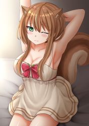 Rule 34 | 1girl, animal ears, armpits, arms up, ayunda risu, ayunda risu (1st costume), bare arms, bare shoulders, bed sheet, bow, breasts, brown dress, brown hair, cleavage, closed mouth, dress, green eyes, hair between eyes, highres, hololive, hololive indonesia, kazenokaze, large breasts, long hair, one eye closed, red bow, sitting, sleeveless, sleeveless dress, solo, squirrel ears, squirrel girl, squirrel tail, stretching, striped, striped bow, tail, tears, virtual youtuber, waking up, wavy mouth