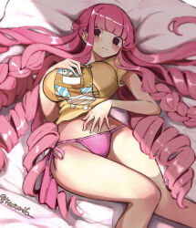 Rule 34 | 1girl, alternate costume, bed, bikini, bikini under clothes, black eyes, blunt bangs, breasts, cleavage, drill hair, embarrassed, highres, kasumi 6, large breasts, lips, long hair, looking at viewer, lying, no pupils, official alternate costume, on bed, one piece, perona, pink bikini, pink hair, print shirt, shiny skin, shirt, side-tie bikini bottom, simple background, solo, swimsuit, thong, thong bikini, twintails, twitter username, very long hair