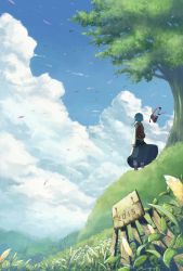 Rule 34 | 10s, 1girl, 2015, blue hair, blue sky, cloud, day, from behind, highres, motosuke, original, outdoors, short hair, sky, solo, standing, tree