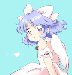 Rule 34 | 1girl, :|, blue eyes, blue hair, bow, closed mouth, dress, flat chest, hair bow, heart, light blue background, light blue hair, mai (touhou), mini wings, neck ribbon, nonamejd, official style, puffy short sleeves, puffy sleeves, red ribbon, ribbon, short hair, short sleeves, solo, touhou, touhou (pc-98), white bow, white dress, white wings, wings, zun (style)