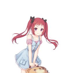 Rule 34 | 1girl, ayane (princess connect!), ayane (real) (princess connect!), bow, dress, hair bow, official art, princess connect!, purple eyes, red hair, stuffed animal, stuffed toy, tachi-e, teddy bear, transparent background, twintails