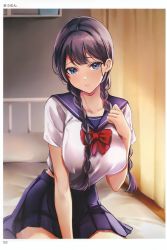 Rule 34 | 1girl, absurdres, artist name, black hair, blue eyes, blue skirt, blurry, blurry background, braid, breasts, head tilt, highres, indoors, large breasts, looking at viewer, maumen, page number, parted lips, pleated skirt, scan, school uniform, short hair, simple background, sitting, skirt, solo, toranoana, twin braids, twintails