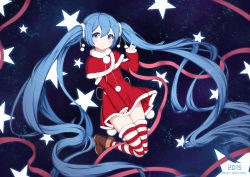Rule 34 | 10s, 1girl, 2015, absurdly long hair, absurdres, blue eyes, blue hair, blush, christmas, detached sleeves, hatsune miku, highres, long hair, matching hair/eyes, merry christmas, santa costume, smile, solo, striped clothes, striped thighhighs, sugar sound, thighhighs, twintails, very long hair, vocaloid