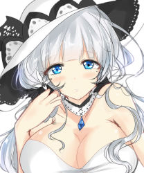 Rule 34 | 1girl, azur lane, bare shoulders, black ribbon, blue eyes, blush, breasts, cleavage, commentary request, dress, hadanugi dousa, hair ribbon, haru (nature life), hat, illustrious (azur lane), japanese clothes, kimono, large breasts, long hair, looking at viewer, mole, mole under eye, open clothes, open kimono, parted lips, ribbon, silver hair, simple background, sketch, solo, strapless, strapless dress, white background, white dress, white hat