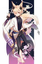 Rule 34 | 1boy, :p, animal ears, backless outfit, barefoot, blonde hair, collar, elbow gloves, erune, fox ears, fox tail, gloves, granblue fantasy, hair ornament, hair over one eye, highres, jewelry, kou (granblue fantasy), long hair, male focus, nail polish, navel, off shoulder, open mouth, skin tight, smile, tail, toenail polish, toenails, tongue, tongue out, yellow eyes