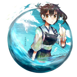 Rule 34 | 10s, 1girl, blue sky, blush, breasts, brown eyes, brown hair, bubble, cloud, fisheye, itomugi-kun, japanese clothes, kaga (kancolle), kantai collection, muneate, open mouth, outside border, paper airplane, personification, round image, short hair, side ponytail, skirt, sky, solo, water