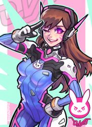 Rule 34 | 1girl, animal print, aqua outline, armor, artist name, bad deviantart id, bad id, blue bodysuit, bodysuit, breasts, bright pupils, brown hair, character name, commentary, commission, cowboy shot, d.va (overwatch), english commentary, facepaint, facial mark, gloves, grin, headphones, lips, logo, long hair, looking at viewer, medium breasts, one eye closed, overwatch, overwatch 1, pilot suit, pink background, pink eyes, pink lips, purple eyes, rabbit print, ribbed bodysuit, rowen montera, salute, shoulder armor, signature, skin tight, smile, solo, standing, striped, striped background, swept bangs, turtleneck, whisker markings, white gloves