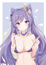 Rule 34 | 1girl, aaaaabk!, bare shoulders, bikini, border, braid, breasts, chinese commentary, cleavage, closed mouth, collarbone, expressionless, eyelashes, flower, genshin impact, hair between eyes, hair flower, hair ornament, hairclip, highres, jewelry, keqing (genshin impact), large breasts, light blush, long hair, micro bikini, navel, necklace, pink eyes, purple hair, solo, sparkle, swimsuit, twintails, two-tone background, undressing, upper body, white border