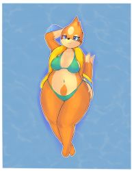 Rule 34 | 1girl, animal hands, arm behind head, arm up, barefoot, bikini, blue background, blue eyes, boiful, border, breasts, closed mouth, creatures (company), female focus, floatzel, full body, game freak, gen 4 pokemon, green bikini, half-closed eyes, happy, heart, heart in eye, highres, jpeg artifacts, legs together, looking at viewer, lying, medium breasts, multiple tails, navel, nintendo, on back, outline, personification, pokemon, pokemon (creature), simple background, smile, solo, swimsuit, symbol in eye, tail, two tails, water, white border, white outline, wide hips