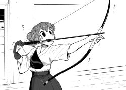 Rule 34 | 1girl, 4shi, :d, archery, arrow (projectile), bags under eyes, bow (weapon), commentary request, cowboy shot, dango-chan (4shi), drawing bow, drooling, gloves, greyscale, hair bun, hakama, hakama skirt, hands up, highres, holding, holding bow (weapon), holding weapon, hollow eyes, japanese clothes, kyuudou, monochrome, muneate, open mouth, original, outstretched arm, partially fingerless gloves, partly fingerless gloves, pleated skirt, short hair, single glove, skirt, smile, solo, sound effects, standing, translation request, v-shaped eyebrows, weapon, yugake