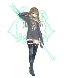 Rule 34 | 1girl, aqua eyes, brown hair, contemporary, crossed legs, energy weapon, full body, gretel (sinoalice), jino, long hair, male focus, mask, mouth mask, off shoulder, official art, oversized clothes, polearm, reverse grip, sinoalice, sleeves past wrists, solo, spear, thighhighs, transparent background, watson cross, weapon