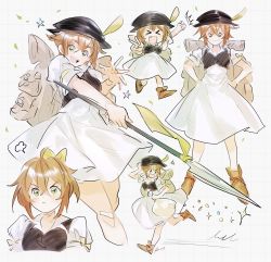 Rule 34 | 1girl, aubz, bag, blush, brown hair, dress, gloves, green eyes, hair over one eye, hat, highres, jewelry, long hair, looking at viewer, necklace, octopath traveler, octopath traveler i, open mouth, scarf, short hair, simple background, smile, tressa (octopath traveler)