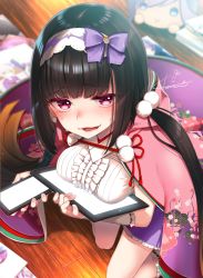 Rule 34 | 1girl, black hair, blush, breasts, character request, fate/grand order, fate (series), hairband, ipad, kneeling, koruri, long hair, looking at viewer, medium breasts, meltryllis (fate), miyamoto musashi (fate), open mouth, osakabehime (fate), purple eyes, solo, tablet pc, thick thighs, thighs, twintails