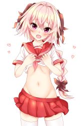 Rule 34 | 1boy, :d, astolfo (fate), astolfo (sailor paladin) (fate), black bow, blush, bow, braid, clothes lift, clothes pull, cowboy shot, crossdressing, fang, fate/apocrypha, fate/grand order, fate (series), groin, hair bow, hair ribbon, heart, highres, kaname game etc, long hair, looking at viewer, male focus, midriff, navel, no panties, official alternate costume, open mouth, pink hair, pleated skirt, purple eyes, red skirt, ribbon, school uniform, serafuku, shirt lift, single braid, skirt, skirt pull, smile, solo, stomach, thighhighs, trap, very long hair, white background, white thighhighs, zettai ryouiki