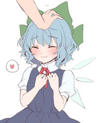 Rule 34 | 1boy, 1girl, :3, blue dress, blue hair, blush, bow, breasts, cirno, closed eyes, collared shirt, cowboy shot, dress, fairy wings, green bow, hair bow, hands on own chest, headpat, heart, highres, ice, ice wings, kuromame (8gou), neck ribbon, pinafore dress, puffy short sleeves, puffy sleeves, red ribbon, ribbon, shirt, short hair, short sleeves, sleeveless dress, small breasts, spoken heart, touhou, white shirt, wings