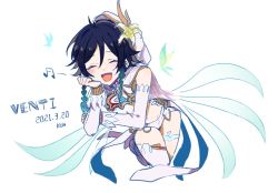 Rule 34 | 1boy, :d, ayaya~, bare shoulders, braid, character name, closed eyes, flower, genshin impact, hair between eyes, hair flower, hair ornament, hand on own cheek, hand on own face, ileyday, medium hair, musical note, open mouth, simple background, smile, solo, spoken musical note, thighhighs, twin braids, venti (archon) (genshin impact), venti (genshin impact), white background, white flower, white sleeves, white thighhighs, wings