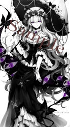 Rule 34 | 1girl, absurdres, bad id, bad pixiv id, bare shoulders, collar, dated, dress, hand fan, folding fan, frilled collar, frills, gap (touhou), hat, highres, limited palette, long hair, looking at viewer, mob cap, nail polish, off-shoulder dress, off shoulder, purple eyes, sample watermark, sheya, smile, solo, spot color, touhou, umbrella, very long hair, watermark, yakumo yukari