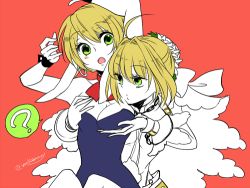 Rule 34 | 2girls, ahoge, animal ears, aquaplus, arms up, bare shoulders, blonde hair, grabbing another&#039;s breast, breasts, cleavage, cleavage cutout, clothing cutout, curvy, earrings, fate/extra, fate/extra ccc, fate (series), gloves, grabbing, green eyes, hair between eyes, jewelry, kuuya amrulineulka, large breasts, leotard, long sleeves, looking at another, lowres, multiple girls, nero claudius (bride) (fate), nero claudius (fate), nero claudius (fate) (all), nero claudius (fate/extra), open mouth, playboy bunny, question mark, raised eyebrows, sidelocks, strapless, strapless leotard, type-moon, upper body, utawarerumono, vanillabunny, white gloves, wrist cuffs