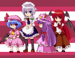 Rule 34 | 4girls, apron, ascot, bad id, bad pixiv id, bat wings, blue eyes, blue hair, bow, braid, crescent, cup, demon wings, fang, female focus, frills, hair bow, hat, hat ribbon, head wings, izayoi sakuya, koakuma, kuroi paseri, long hair, long sleeves, maid, maid apron, maid headdress, multiple girls, open mouth, patchouli knowledge, puffy sleeves, purple hair, red eyes, red hair, remilia scarlet, ribbon, short hair, short sleeves, silver hair, smile, teacup, touhou, twin braids, very long hair, wide sleeves, wings, wristband, yellow eyes