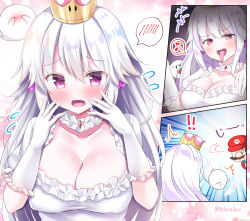 Rule 34 | 1boy, 1girl, bad id, bad nicoseiga id, blush, boo (mario), breasts, brooch, cleavage, collarbone, comic, commentary request, covered erect nipples, crown, detached collar, dress, earrings, frilled dress, frilled gloves, frills, gloves, hair between eyes, jewelry, large breasts, long hair, looking at viewer, luigi&#039;s mansion, mario, mario (series), masayo (gin no ame), musical note, new super mario bros. u deluxe, nintendo, open mouth, princess king boo, purple eyes, sharp teeth, spoken blush, spoken musical note, super crown, teeth, tongue, tongue out, white dress, white gloves, white hair