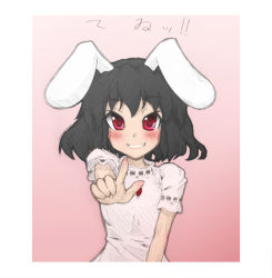 Rule 34 | 1girl, animal ears, black hair, blush, female focus, grin, inaba tewi, oborozuki, pointing, rabbit ears, red eyes, rougetsu (eclipse), smile, solo, touhou