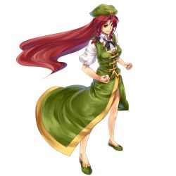 Rule 34 | 1girl, bad id, bad pixiv id, bare legs, bow, braid, china dress, chinese clothes, clenched hands, dress, embodiment of scarlet devil, female focus, full body, hat, highres, hong meiling, long hair, red eyes, red hair, scottie (phantom2), side slit, solo, standing, touhou, transparent background, twin braids