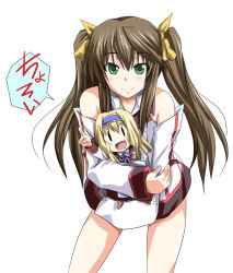 Rule 34 | 10s, bare shoulders, blonde hair, brown hair, cecilia alcott, chibi, green eyes, hair ribbon, headband, holding, huang lingyin, infinite stratos, long hair, open mouth, ribbon, smile, twintails, uniform