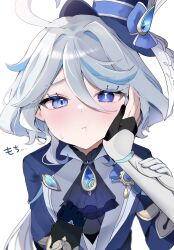 Rule 34 | 2girls, ahoge, arm armor, ascot, asymmetrical gloves, black gloves, black shirt, blue ascot, blue bow, blue eyes, blue gemstone, blue gloves, blue hair, blue headwear, blue jacket, blush, bow, clenched hand, closed mouth, collared jacket, commentary request, drop-shaped pupils, eyelashes, fingerless gloves, furina (genshin impact), gem, genshin impact, gloves, gold trim, grey hair, hair between eyes, hand on another&#039;s face, hand up, hands up, hat, hat bow, hat ornament, heterochromia, highres, jacket, long hair, long sleeves, looking at viewer, lumine (genshin impact), mismatched gloves, mismatched pupils, multicolored hair, multiple girls, open clothes, open jacket, pof (peuplierpof), shirt, sidelocks, simple background, solo focus, standing, sweatdrop, symbol-shaped pupils, top hat, two-tone hair, vest, white background, white gloves, white vest