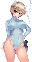 Rule 34 | 1girl, animal ear fluff, animal ears, blonde hair, blue eyes, blue leotard, brave witches, commentary request, contrapposto, cowboy shot, gluteal fold, hand on own hip, head tilt, heattech leotard, highleg, highleg leotard, highres, leotard, looking at viewer, nikka edvardine katajainen, nksk, open mouth, ribbed leotard, short hair, simple background, solo, standing, tail, translation request, turtleneck, weasel ears, weasel tail, white background, world witches series