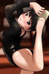 Rule 34 | 1girl, absurdres, ass, ballet slippers, bent over, black hair, black leotard, blurry, blurry background, blush, brown eyes, commentary request, dancing, depth of field, full-face blush, highres, holding legs, indoors, leg up, leotard, long hair, long sleeves, looking at viewer, matsunaga kouyou, open mouth, original, polka dot, ponytail, skates, skating, smile, solo, standing, standing on one leg