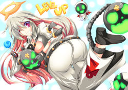 Rule 34 | 1girl, ahoge, arc system works, ass, ball and chain restraint, belt, bodysuit, breasts, candy, dokugiri, familiar, food, from behind, gloves, grin, guilty gear, guilty gear xrd, guilty gear xrd: revelator, halo, huge ass, jack-o&#039; valentine, level up, lollipop, long hair, looking at viewer, mask, unworn mask, multicolored hair, one eye closed, platinum blonde hair, red eyes, red hair, shiny skin, smile, very long hair, wink