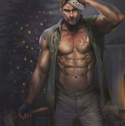 Rule 34 | 1boy, abs, absurdres, aenaluck, artist name, audec (aenaluck), axe, bara, bare pectorals, beard, black gloves, blonde hair, blue shirt, cosplay, cross scar, facial hair, friday the 13th, gloves, grey pants, highres, hockey mask, holding, holding axe, holding weapon, jason voorhees, jason voorhees (cosplay), large pectorals, looking at viewer, male focus, manly, mask, mask on head, muscular, muscular male, navel, nipples, open clothes, open shirt, original, pants, pectorals, scar, scar on chest, scar on face, shirt, short hair, solo, torn clothes, torn shirt, weapon