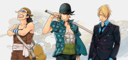 Rule 34 | 3boys, bag, bandages, bandana, black hair, blonde hair, conomi islands, crossed arms, earrings, formal, green hair, haramaki, highres, jewelry, male focus, multiple boys, necktie, one piece, open clothes, open shirt, overalls, roronoa zoro, sanji (one piece), sash, shirt, smoking, suit, usopp, yuu (1969loy)