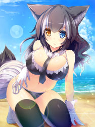 Rule 34 | 10s, 1girl, alternate costume, animal ears, beach, between breasts, bikini, black hair, black thighhighs, blue eyes, blush, breasts, cloud, day, fur collar, gloves, grey wolf (kemono friends), heterochromia, highres, kemono friends, kneeling, large breasts, liya, long hair, looking at viewer, multicolored hair, navel, necktie, necktie between breasts, ocean, outdoors, plaid, plaid bikini, plaid necktie, plaid neckwear, side-tie bikini bottom, sky, smile, solo, swimsuit, tail, thighhighs, two-tone hair, white gloves, wolf ears, wolf tail, yellow eyes