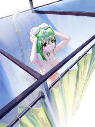 Rule 34 | 1girl, armpits, arms up, bath, bathing, blue eyes, blush, breasts, censored, convenient censoring, cowboy shot, curtains, dutch angle, foam, from above, green eyes, green hair, groin, hands on own head, heterochromia, highres, large breasts, long hair, looking at viewer, matching hair/eyes, nude, original, raised eyebrows, red eyes, shampoo, shower head, showering, soap bubbles, solo, standing, washing hair, wet, wet hair