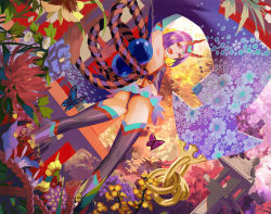 Rule 34 | 1girl, :d, arm up, armpits, ass, autumn, black thighhighs, blue flower, bug, butterfly, crop top, detached sleeves, dutch angle, eyeshadow, fang, fate/grand order, fate (series), floral print, flower, from behind, garden, headpiece, heart, highres, horns, insect, legs apart, looking at viewer, looking back, makeup, open mouth, orb, purple eyes, purple hair, red flower, revealing clothes, rope, shawl, shimenawa, short hair, shuten douji (fate), skin-covered horns, smile, solo, stone lantern, tea sly, thighhighs, tree, white flower, yellow flower