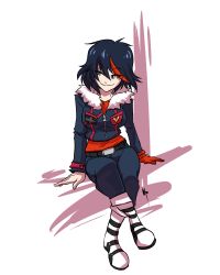 Rule 34 | 1girl, 2014, alternate costume, artist request, asymmetrical clothes, asymmetrical hair, belt, black belt, black hair, black jacket, black legwear, blue eyes, breasts, cropped jacket, crossed legs, full body, fur collar, gloves, highres, invisible chair, jacket, kill la kill, kpfightmaster, long sleeves, looking to the side, matoi ryuuko, red gloves, red hair, red shirt, shirt, shirt tucked in, sitting, smile, solo, white background, white footwear, zipper