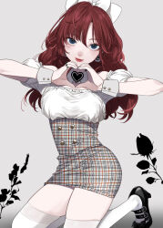 Rule 34 | 1girl, ahoge, bare shoulders, black footwear, breasts, brown hair, closed mouth, earrings, flower, frilled shirt, frills, gradient background, grey background, grey skirt, hair between eyes, hair ribbon, hands up, heart, heart hands, high heels, highres, ichinose shiki, idolmaster, idolmaster cinderella girls, idolmaster cinderella girls starlight stage, jewelry, kneeling, long hair, looking at viewer, maou (demonlord), mary janes, medium breasts, off-shoulder shirt, off shoulder, pencil skirt, plaid, plaid skirt, ribbon, ring, shirt, shoes, short sleeves, silhouette, skirt, smile, solo, thighhighs, tiptoes, wavy hair, white ribbon, white sleeves, white thighhighs, white wrist cuffs, wrist cuffs, zettai ryouiki