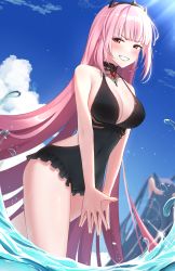 Rule 34 | 2girls, bare shoulders, black one-piece swimsuit, blunt bangs, blush, breasts, brooch, choker, covered navel, cowboy shot, frilled one-piece swimsuit, frilled swimsuit, frills, grin, halterneck, highres, hololive, hololive english, jewelry, keipup, large breasts, long hair, looking at viewer, mori calliope, multiple girls, ninomae ina&#039;nis, one-piece swimsuit, pink eyes, pink hair, sideboob, sky, smile, solo focus, summer, swimsuit, v arms, very long hair, virtual youtuber, water