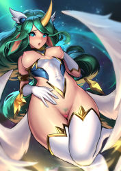 Rule 34 | 1girl, animal ears, armlet, blush, breasts, censored, cian yo, corset, covered navel, female pubic hair, glint, gloves, green eyes, green hair, hair ornament, horns, league of legends, long hair, low wings, medium breasts, nipples, open mouth, parted lips, pubic hair, pussy, solo, soraka (league of legends), star guardian (league of legends), star guardian soraka, swept bangs, tears, thigh gap, thighhighs, underbust, very long hair, white gloves, white thighhighs, wings