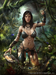 Rule 34 | 1girl, alex negrea, bare shoulders, breasts, brown hair, bug, butterfly, circlet, cleavage, dagger, dated, flower, grass, insect, jewelry, knife, leaf, legend of the cryptids, lingerie, long hair, midriff, mushroom, navel, necklace, official art, snake, solo, tattoo, teeth, tree, underwear, water, watermark, weapon, web address
