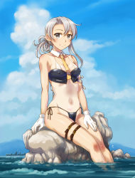 Rule 34 | 1girl, bikini, blue bikini, blue sky, blush, breasts, closed mouth, cloud, covered erect nipples, day, destroyer, gloves, gradient sky, grey eyes, kantai collection, long hair, looking at viewer, medium breasts, military, military vehicle, navel, necktie, nowaki (kancolle), ocean, ponytail, sameha ikuya, ship, silver hair, sitting, sky, smile, solo, swimsuit, tan, tanline, warship, watercraft, white gloves, yellow necktie