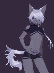 Rule 34 | 1boy, abs, absurdres, androgynous, bulge, claws, furry, furry male, grin, hair over one eye, haita (8ita8), hand on own hip, highres, male focus, navel, original, pubic tattoo, purple background, purple eyes, short hair with long locks, short shorts, shorts, simple background, smile, solo, tail, tattoo, trap, tsurime, white hair