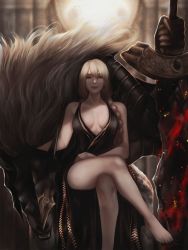 Rule 34 | 1boy, 1girl, absurdres, armor, bare shoulders, barefoot, black armor, black dress, blonde hair, braid, breasts, brother and sister, cleavage, closed mouth, commentary, covered eyes, crossed legs, dress, elden ring, english commentary, furry, furry male, gauntlets, hair between eyes, highres, holding, holding sword, holding weapon, large breasts, long hair, looking at viewer, maliketh the black blade, queen marika the eternal, raviollies, siblings, sitting, sleeveless, sleeveless dress, smile, sword, thighs, toes, weapon, yellow eyes
