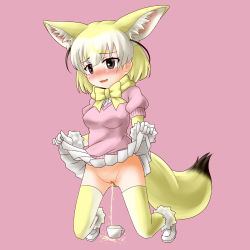 Rule 34 | 1girl, animal ears, blonde hair, brown eyes, censored, clothes lift, fennec (kemono friends), fox ears, fox girl, fox tail, highres, kemono friends, kneeling, lifting own clothes, no panties, open mouth, peeing, peeing in cup, pussy, skirt, skirt lift, smile, solo, tail, thighhighs, tokonoma (artist)