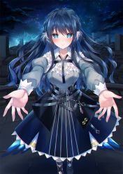 Rule 34 | 1girl, arknights, astesia (arknights), black skirt, blue eyes, blue hair, blue sky, blush, braid, bright pupils, building, cloud, cloudy sky, commentary, commission, grey shirt, high-waist skirt, highres, incoming hug, long hair, long sleeves, looking at viewer, night, night sky, outdoors, shirt, skeb commission, skirt, sky, skyscraper, smile, solo, sorai shin&#039;ya, standing, wavy hair, white pupils