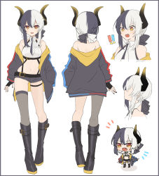 Rule 34 | !, !!, 1girl, :d, asymmetrical legwear, bad id, bad pixiv id, bare shoulders, belt, belt buckle, black belt, black bow, black footwear, black gloves, black hair, black jacket, black nails, black shorts, boots, border, bow, brown eyes, buckle, chibi, commentary, copyright request, coyucom, crop top, curled horns, fang, fingerless gloves, fingernails, gloves, grey border, grey thighhighs, hair between eyes, hair bow, hand in pocket, highres, horns, jacket, knee boots, long hair, long sleeves, midriff, multicolored hair, multiple views, nail polish, navel, off shoulder, open clothes, open jacket, open mouth, shirt, short shorts, shorts, sidelocks, single thighhigh, sleeveless, sleeveless shirt, smile, standing, standing on one leg, teeth, thighhighs, turnaround, two-tone bow, two-tone hair, uneven legwear, upper teeth only, virtual youtuber, white bow, white hair, white shirt