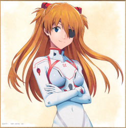 Rule 34 | 1girl, absurdres, bodysuit, breasts, brown hair, copyright name, covered navel, cowboy shot, crossed arms, evangelion: 3.0+1.0 thrice upon a time, floating hair, gloves, hands on own hips, highres, long hair, neon genesis evangelion, official art, plugsuit, rebuild of evangelion, scan, shiny clothes, signature, simple background, skin tight, smile, solo, souryuu asuka langley, two side up, very long hair, white bodysuit, wide hips